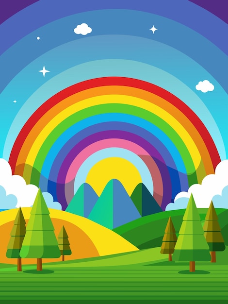 Colorful Rainbow Over Green Hills and Pine Trees