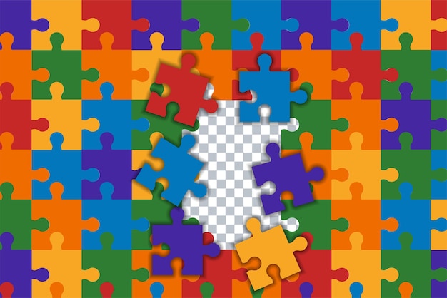 Colorful rainbow puzzle jigsaw pieces frame background