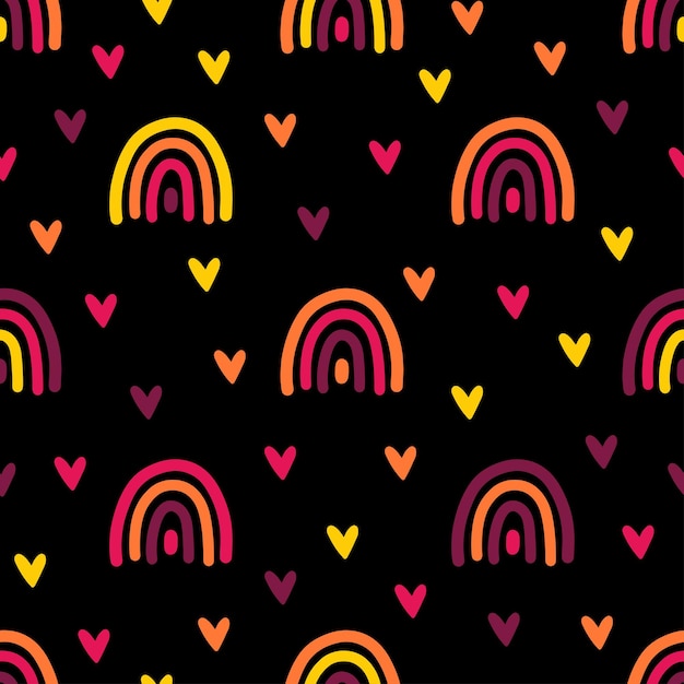 Colorful rainbows and hearts seamless pattern with black background.