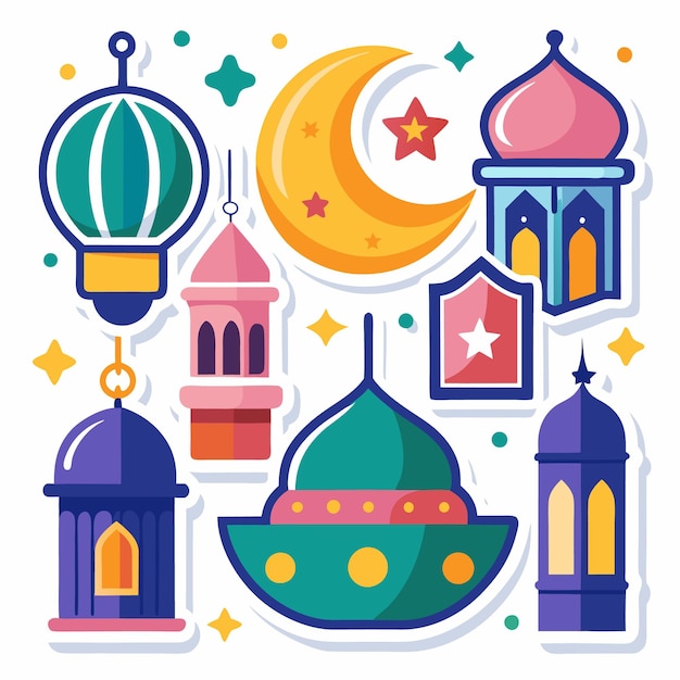 Colorful Ramadan icons including a crescent moon stars and a mosque