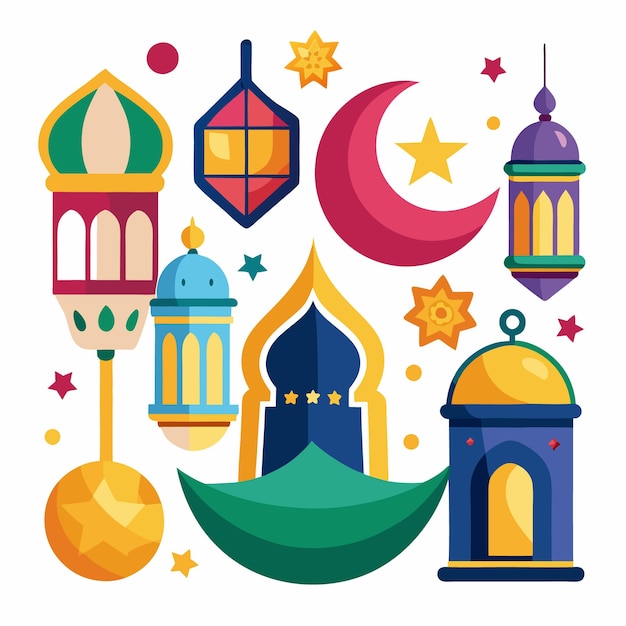 Colorful Ramadan Kareem design with mosque lanterns crescent moon and stars