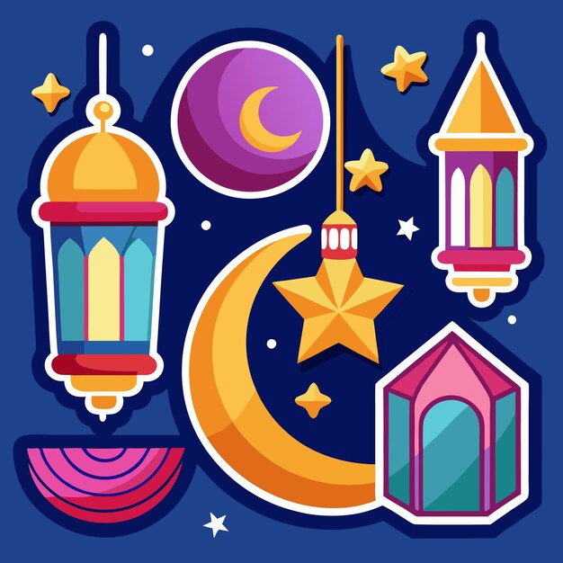 Colorful Ramadan lanterns crescent moon and stars on dark blue background