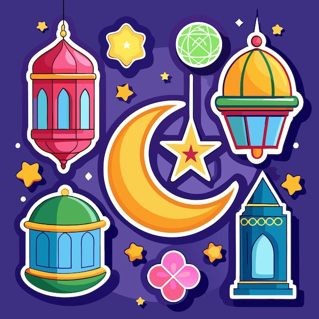 Colorful Ramadan Stickers With Crescent Moon And Stars