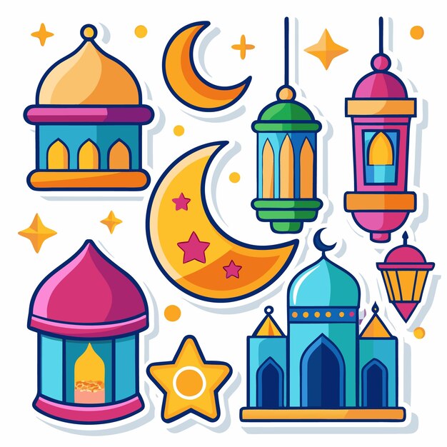 Vector colorful ramadan stickers with crescent moons stars and mosques