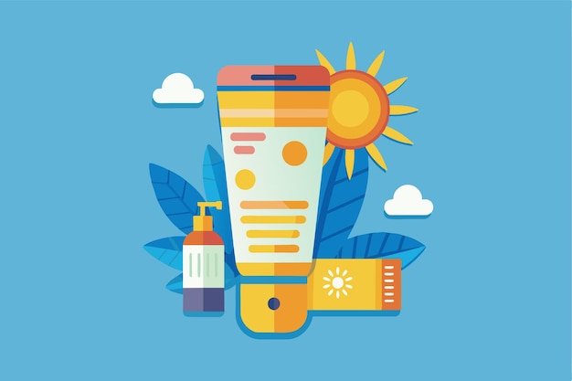 Vector a colorful representation of sunscreen with a sun and leaves showcasing a beauty routine against a bright sky sunscreen customizable semi flat illustration