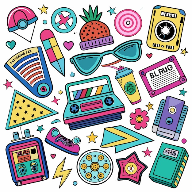 Colorful retro 80s and 90s cartoon elements collection