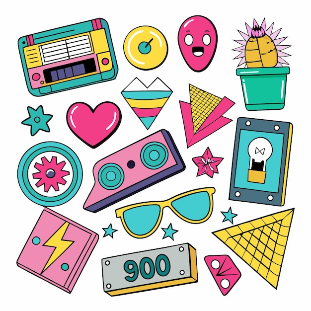 Colorful retro 80s 90s style fashion patch sticker badge set