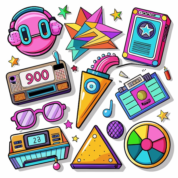 Colorful retro gadgets and objects on a white background