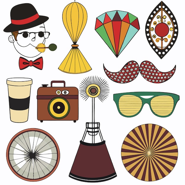 Vector colorful retro illustrations with hat sunglasses and other designs