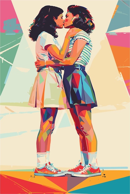 Vector colorful retro poster of lesbian friends kissing