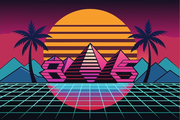 Vector a colorful retro scene showcases neon pyramids under a sunset with palm trees combining geometric shapes and vibrant colors for a striking visual effect