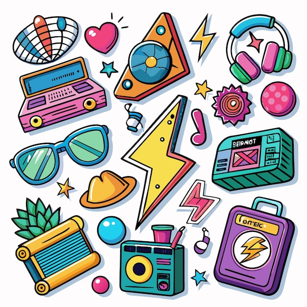 Vector colorful retro style 80s and 90s music elements and accessories