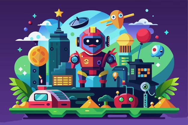 Vector a colorful robot stands tall in a futuristic city surrounded by playful elements and imaginative landscapes customizable gaming illustration