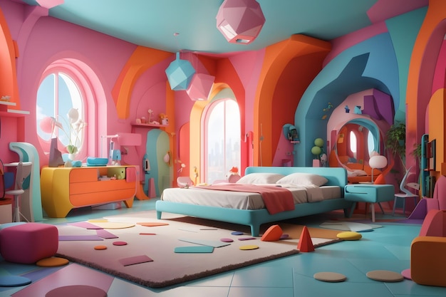 Vector a colorful room with a bed and a large window with a pink ceiling