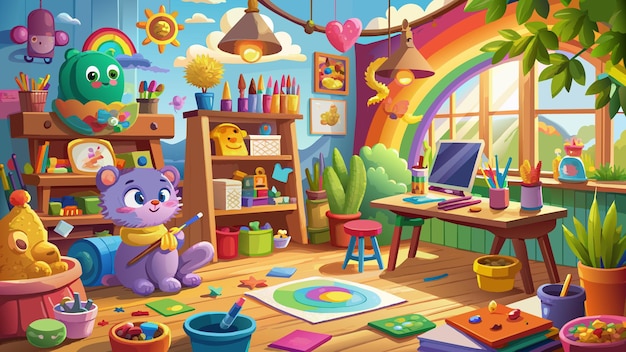 Vector a colorful room with a cat and a rainbow on the wall