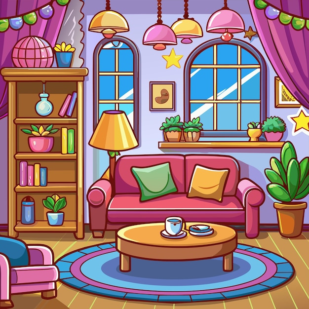 Vector a colorful room with a couch and a bookcase with a star on the wall