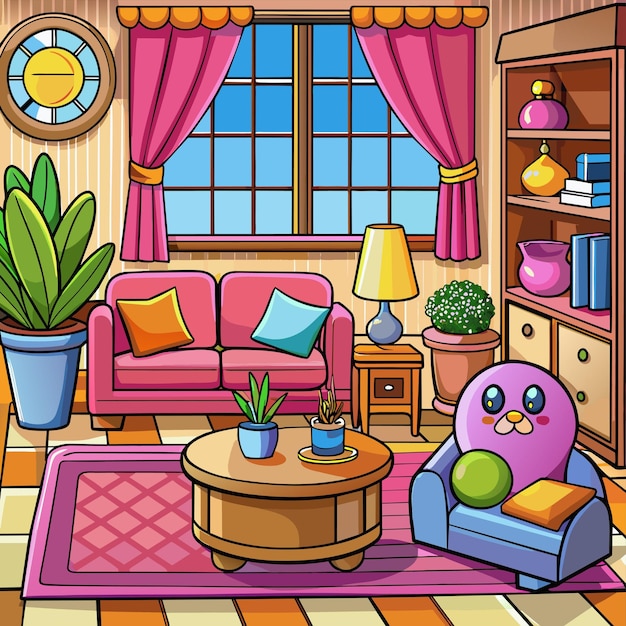 Vector a colorful room with a pink couch and a potted plant