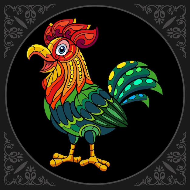 Colorful rooster cartoon zentangle arts isolated on black background