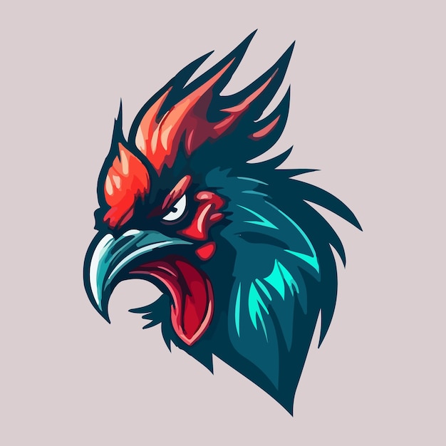 A colorful rooster head with a red head and blue feathers.