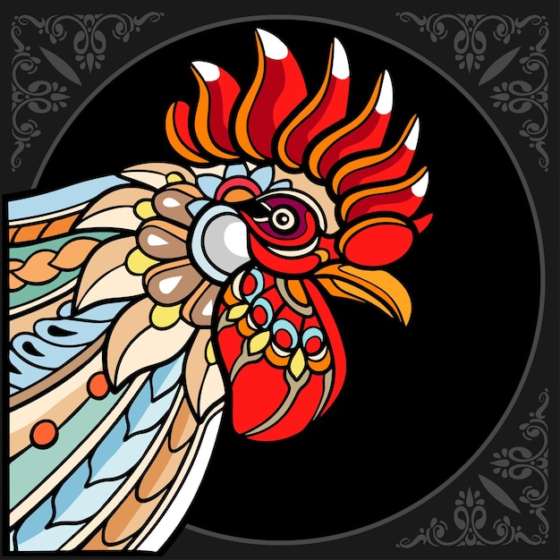 Colorful Rooster Mandala arts isolated on black background