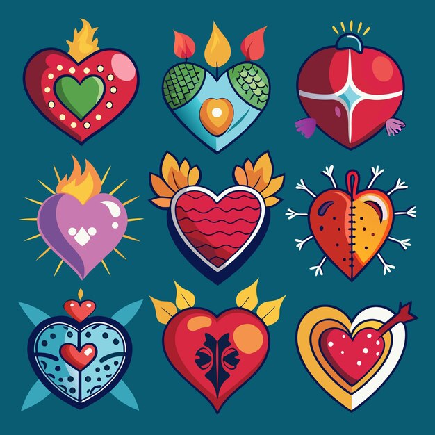 Vector colorful sacred hearts with flames and wings love faith and devotion