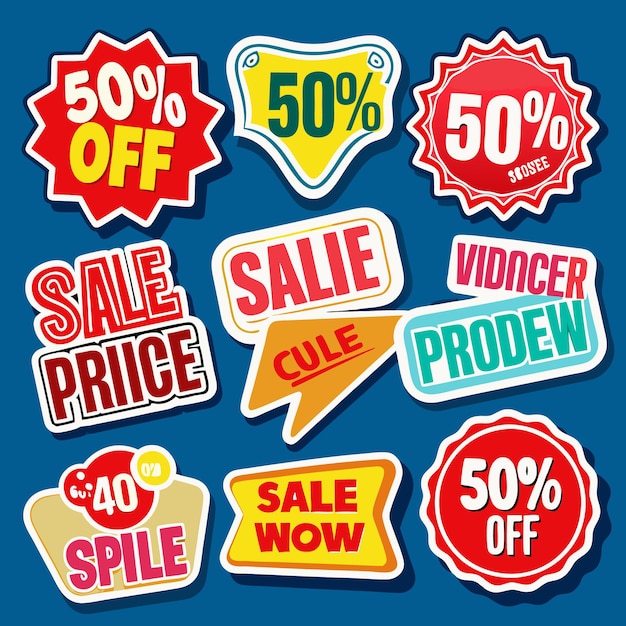 Colorful sale stickers with various discounts and phrases