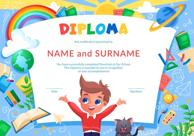 Colorful school and preschool diploma certificate for children in kindergarten or school