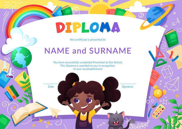 Colorful school and preschool diploma certificate for children in kindergarten or school