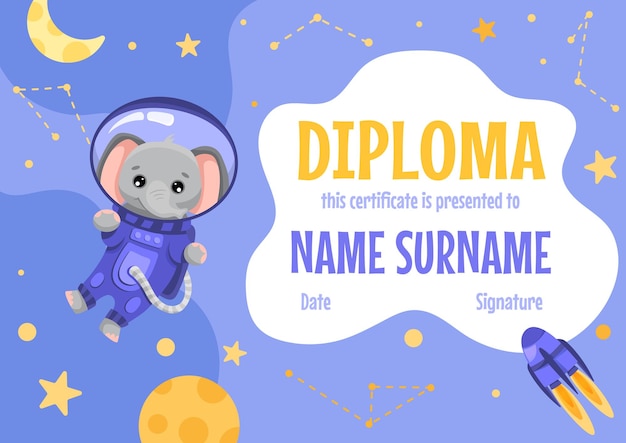 Colorful school and preschool diploma certificate for kids and children in kindergarten or primary grades with cute animals Vector cartoon illustration