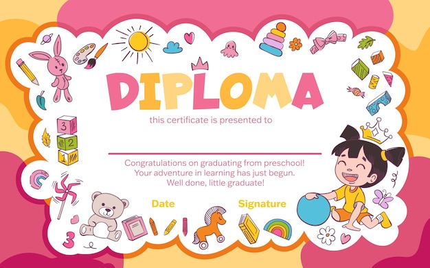 Colorful school and preschool diploma certificate for kids and children in kindergarten