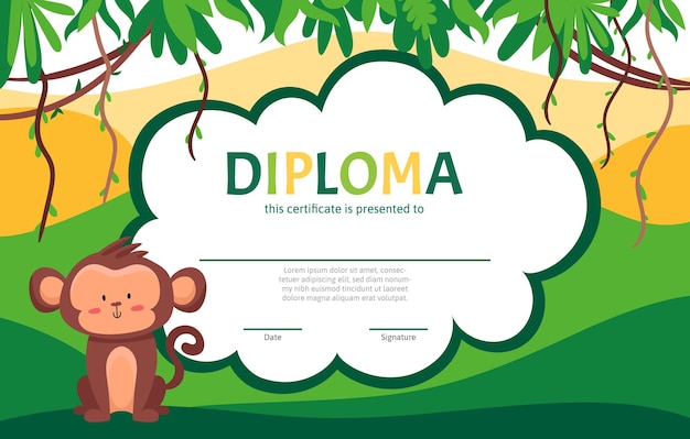 Colorful school and preschool diploma certificate with cute monkey for kids and children