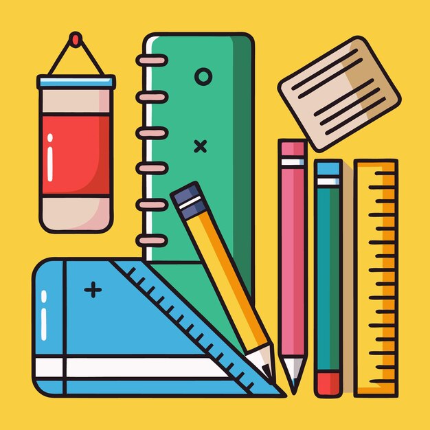 Vector colorful school supplies including pencils rulers a protractor a notebook and an eraser