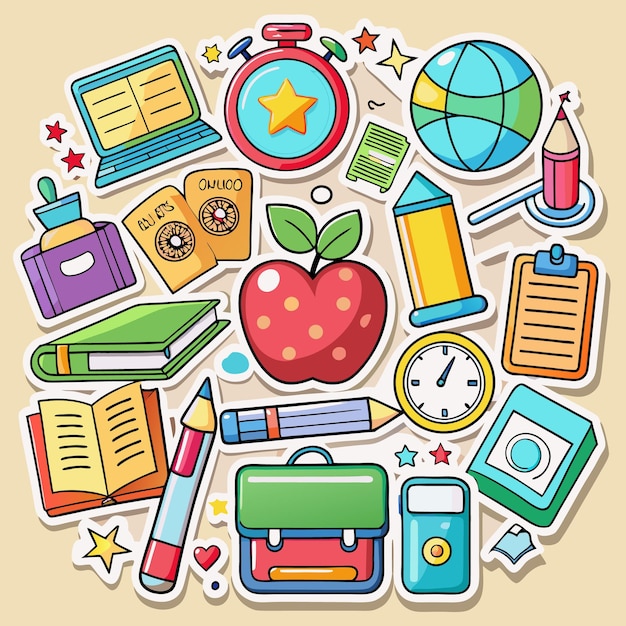 Vector colorful school supplies stickers with a red apple and a yellow star in the center