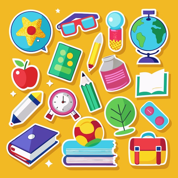 Colorful school supplies stickers on yellow background