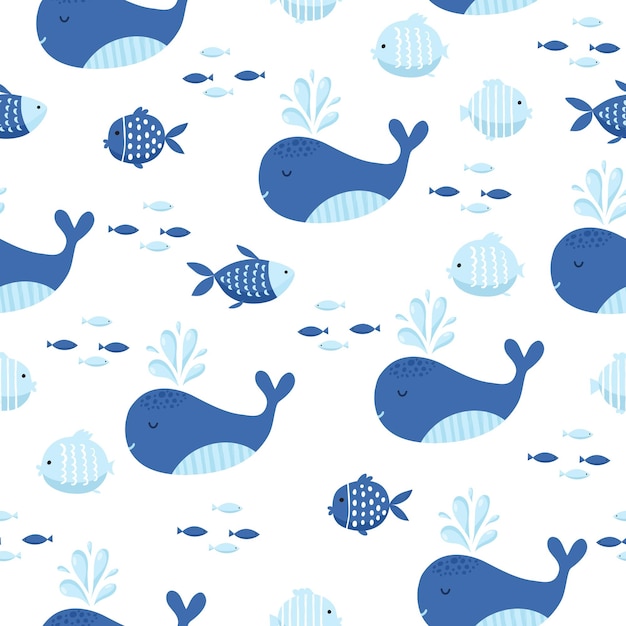 Colorful sea cartoon seamless vector pattern with whale