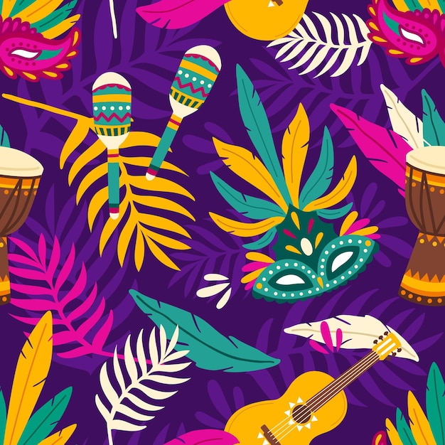 Colorful seamless pattern for carnival with festive masks, maracas, guitar and djembe drum. Bright repetitive background with traditional carnaval attributes. Vector illustration in flat cartoon style