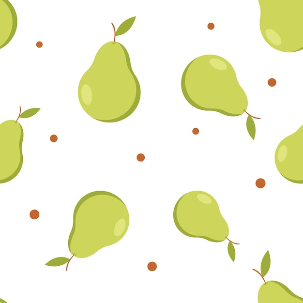 Colorful seamless pattern of hand drawn pears and green leaves on white background