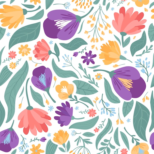 Colorful seamless pattern of meadow flowers and leaves Modern vector illustration