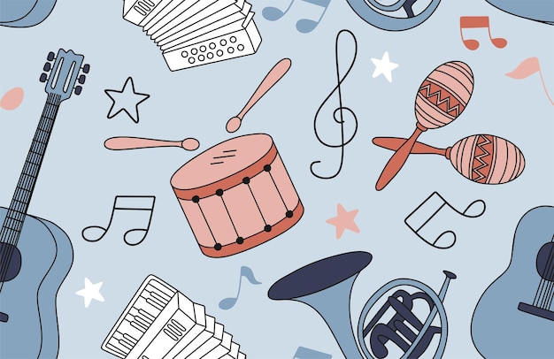 Colorful seamless pattern of musical instruments in a flat style