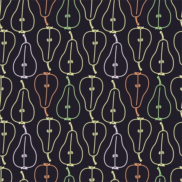 Colorful seamless pattern neon outline of cut pears on branchesxA