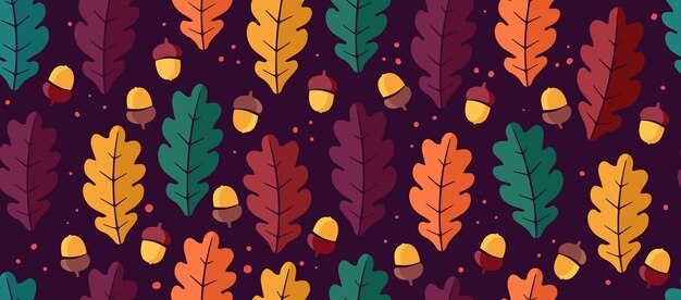 Colorful seamless pattern of oak leaves and acorns on a dark background