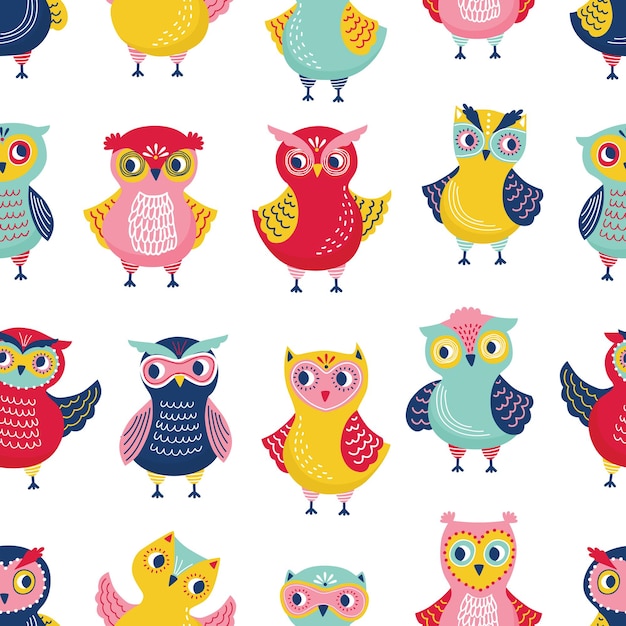 Colorful seamless pattern with adorable owls on white background.