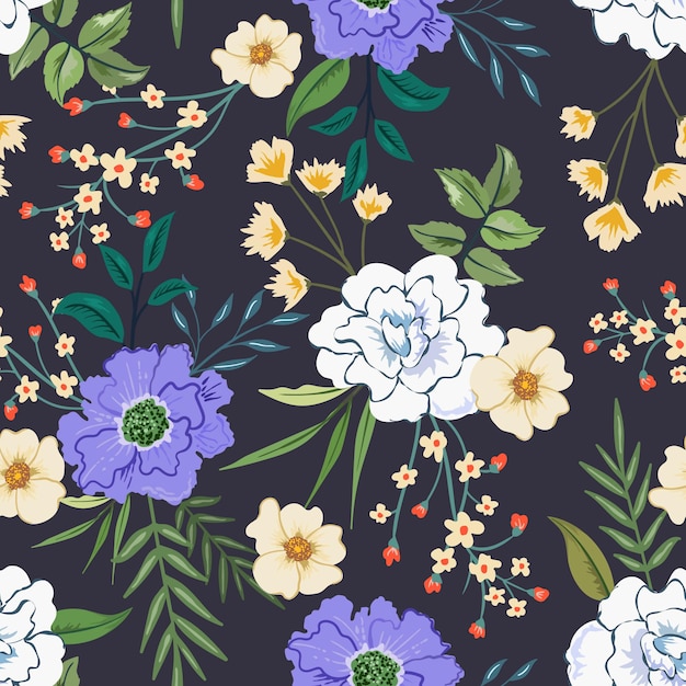 Colorful seamless pattern with botanical floral design.