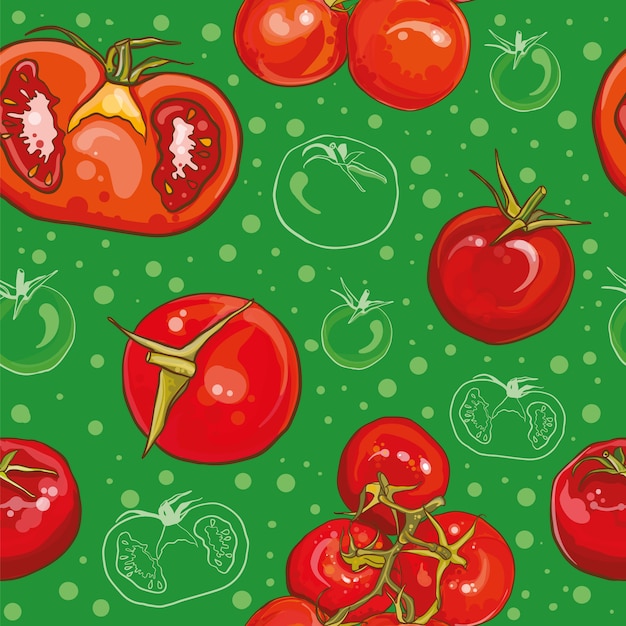 Colorful seamless pattern with bright fresh tomatoes. Single tomato, cherry tomatoes, tomatoes on a branch, half a tomato. 