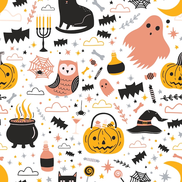 Colorful seamless pattern with cute creepy Halloween characters and decorations - ghost, Jack-o'-lantern, candies, magic witch hat and pot with potion