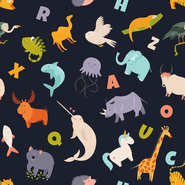 Colorful seamless pattern with cute funny animals and English letters