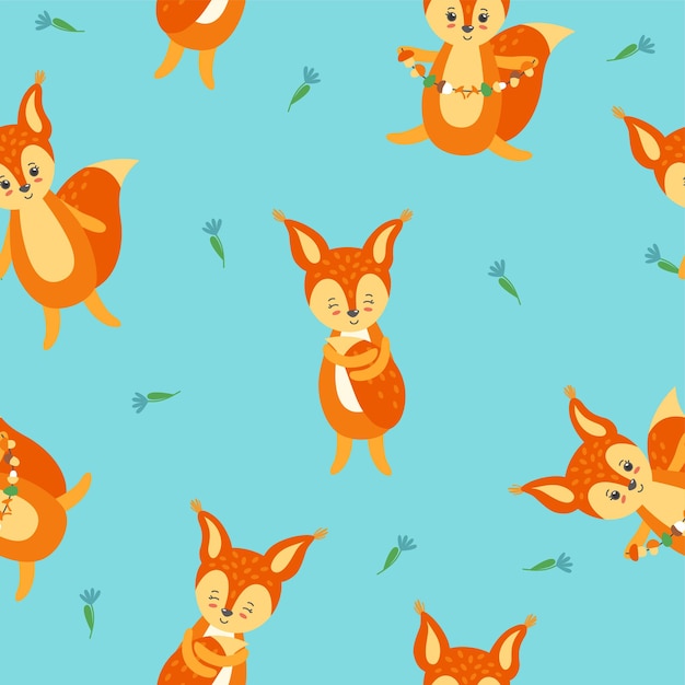 Colorful seamless pattern with cute and happy squirrels for textile, paper and fabric on blue background with flowers. Vector illustration in flat style