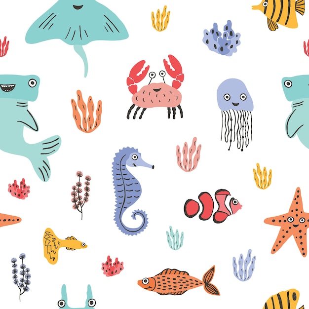 Colorful seamless pattern with funny marine animals or underwater creatures, corals and seaweed on white background. Backdrop with cute sea and ocean dwellers. Flat cartoon vector illustration.