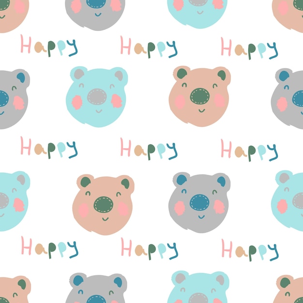 Colorful seamless pattern with happy bear faces Perfect for Tshirt textile and prints Hand drawn vector illustration for decor and design