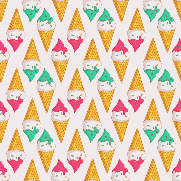 Colorful seamless pattern with ice cream in waffle cones